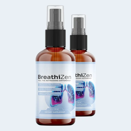Pair of Breathizen oral spray bottles with a blue lung illustration on the label