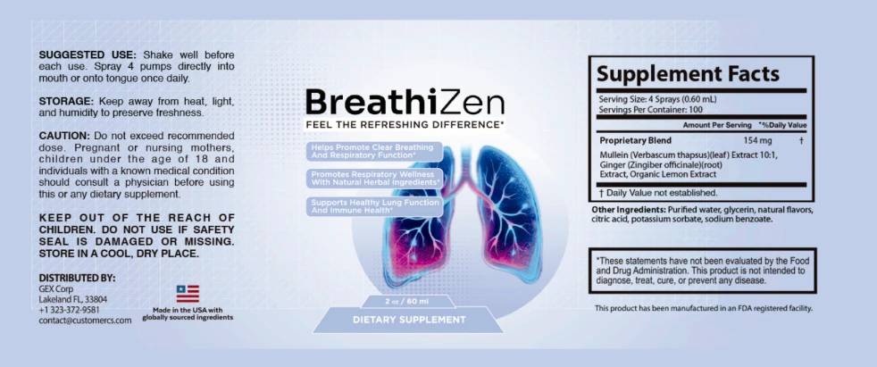 Breathizen bottle label showing directions, caution and Supplement Facts with a 154 mg blend of mullein, ginger and organic lemon